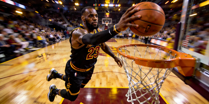 NBA球星勒布朗·詹姆斯在比赛中突破上篮的精彩瞬间