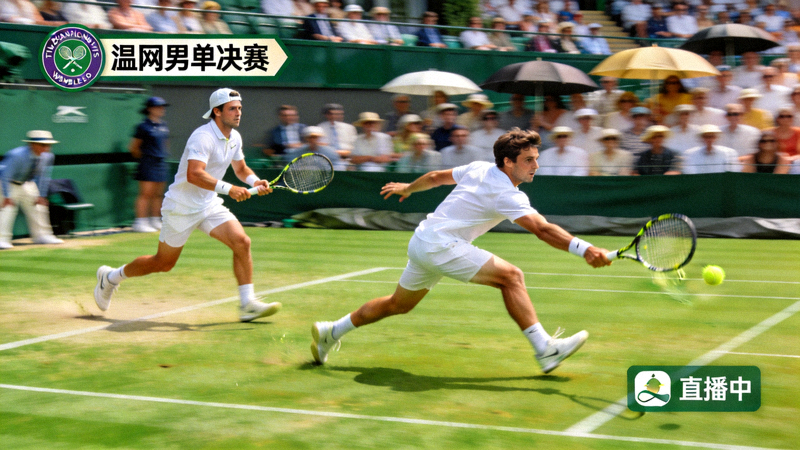 温布尔登网球锦标赛男单决赛直播画面，两名选手在草地上激烈对攻